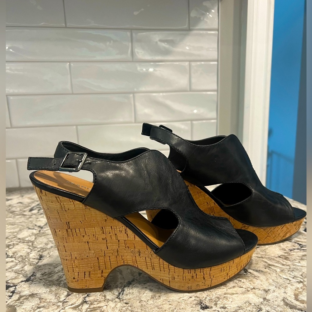 New Franco Sarto black leather cork heel wedges